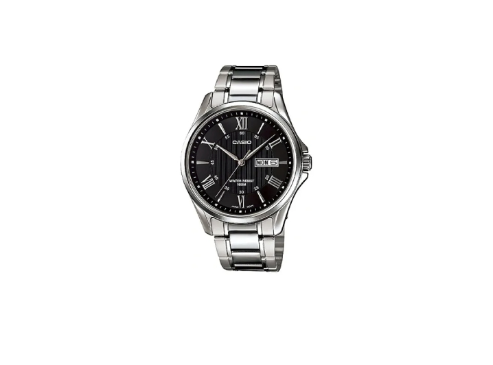 Casio STANDARD with quartz movement, 100m water resistance, stainless steel strap