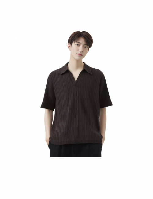 H&M Loose Casual V-Neck Solid Color Short-Sleeved Polo Shirt Men's Brown — изображение 5
