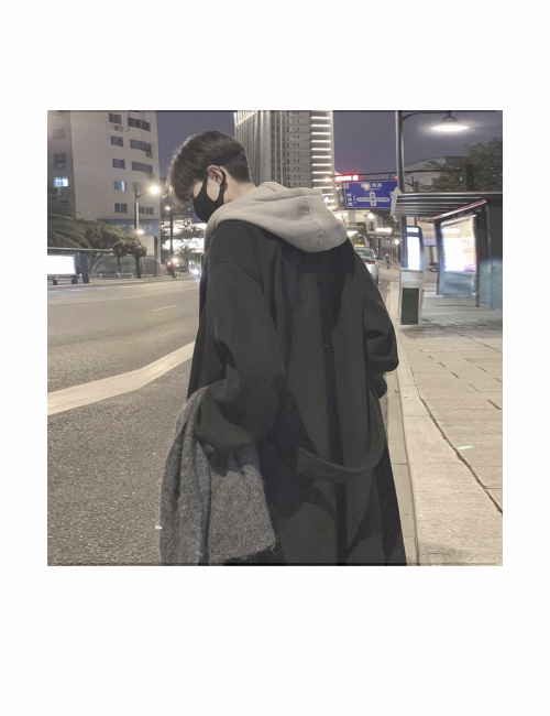GROGNAK loose mid-length knee-length coat with a hood, paired with unisex jeans. — изображение 3