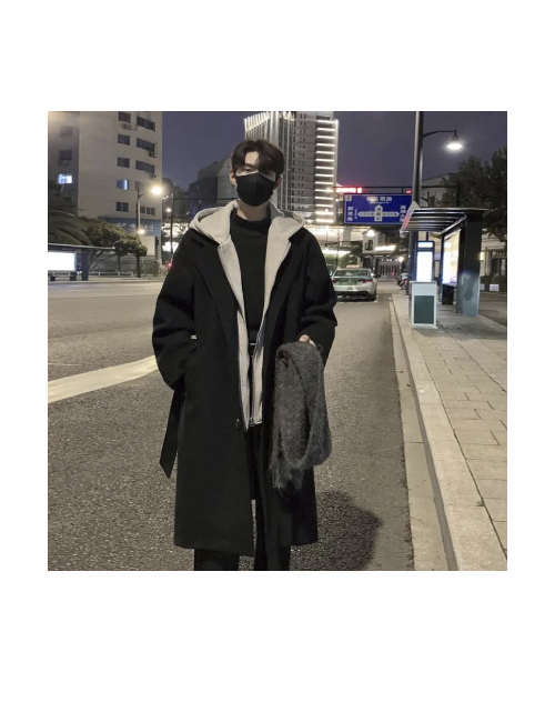 GROGNAK loose mid-length knee-length coat with a hood, paired with unisex jeans. — изображение 4