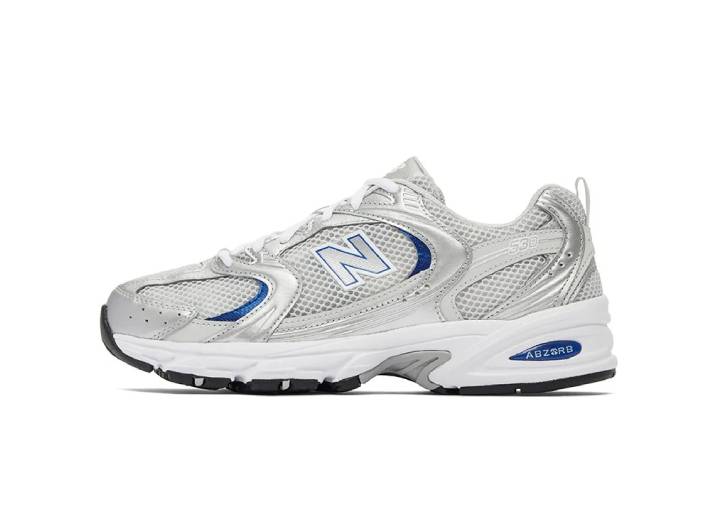 New Balance NB 530 Spring low-top unisex sneakers in silver and blue.