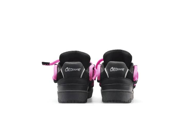Cat and Sofa Dreadlocks Series Casual Round Toe Lace-up Low-top Sneakers, Unisex, Black and Pink — изображение 3