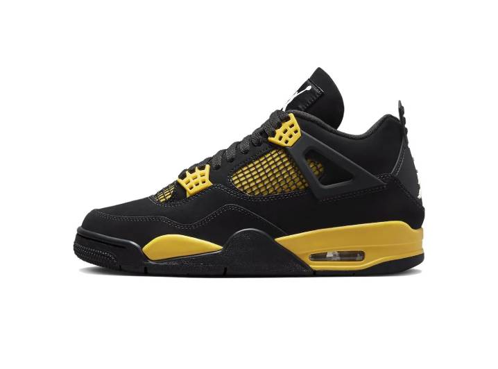 Jordan Air Jordan 4 Thunder Leather Mid-Top Retro Basketball Shoes, Unisex, Black/Yellow, 2023 Edition