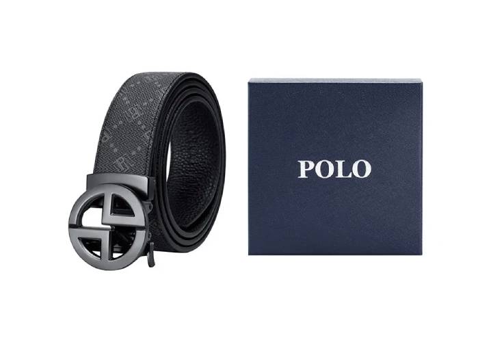 Retro POLO belt with monogram and classic automatic buckle, gunmetal color, width 3.4 cm.