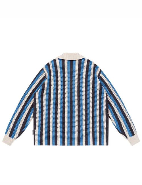 EMPTY REFERENCE American Retro Striped Hollow-Out Woven Casual Long-Sleeve Shirt, Unisex, Blue — изображение 3