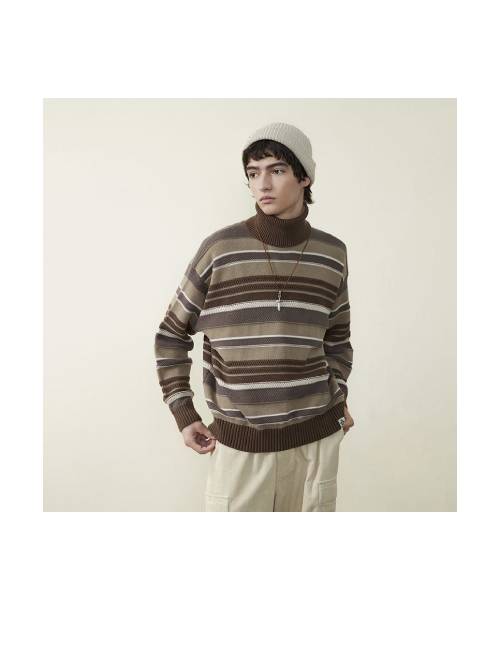 NOTHOMME Outdoor Retro High-Neck Color Block Anti-Pilling Striped Knit Sweater, Unisex Brown — изображение 3