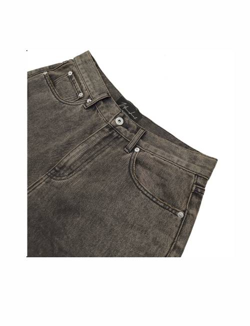 WANNA LAB 26SS Oil-stained, whiskered, distressed, 3D washed loose straight leg jeans, unisex style. dark brown — изображение 3