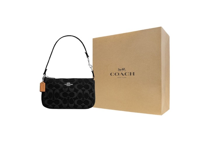 COACH Nolita 19 Monogram Pattern Women's Small Shoulder Bag with Cotton and Leather Trim, Black