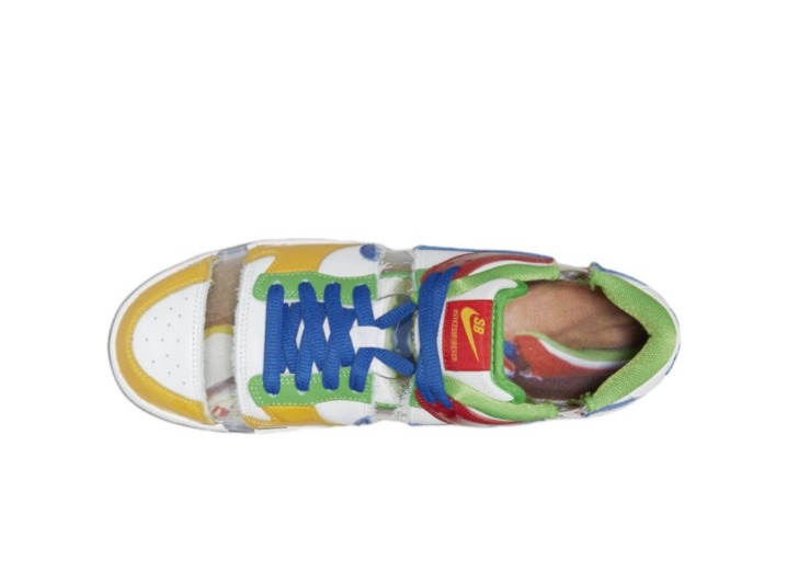 eBay x Nike Dunk «Sandy Bodecker»: Унисекс-низкие скейт-кроссовки в бело-жёлто-синей гамме — изображение 4