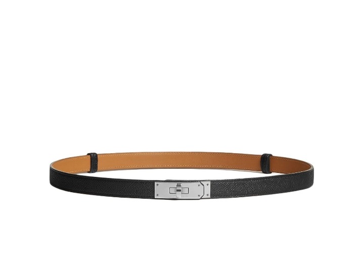 HERMÈS Kelly: Женский кожаный ремень с пряжкой Silver Smooth Buckle, чёрный, 1,8 см